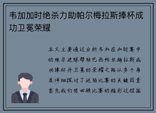 韦加加时绝杀力助帕尔梅拉斯捧杯成功卫冕荣耀