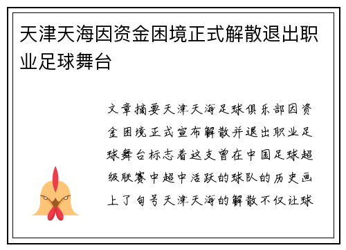 天津天海因资金困境正式解散退出职业足球舞台 天津天海因资金困境正式解散退出职业足球舞台